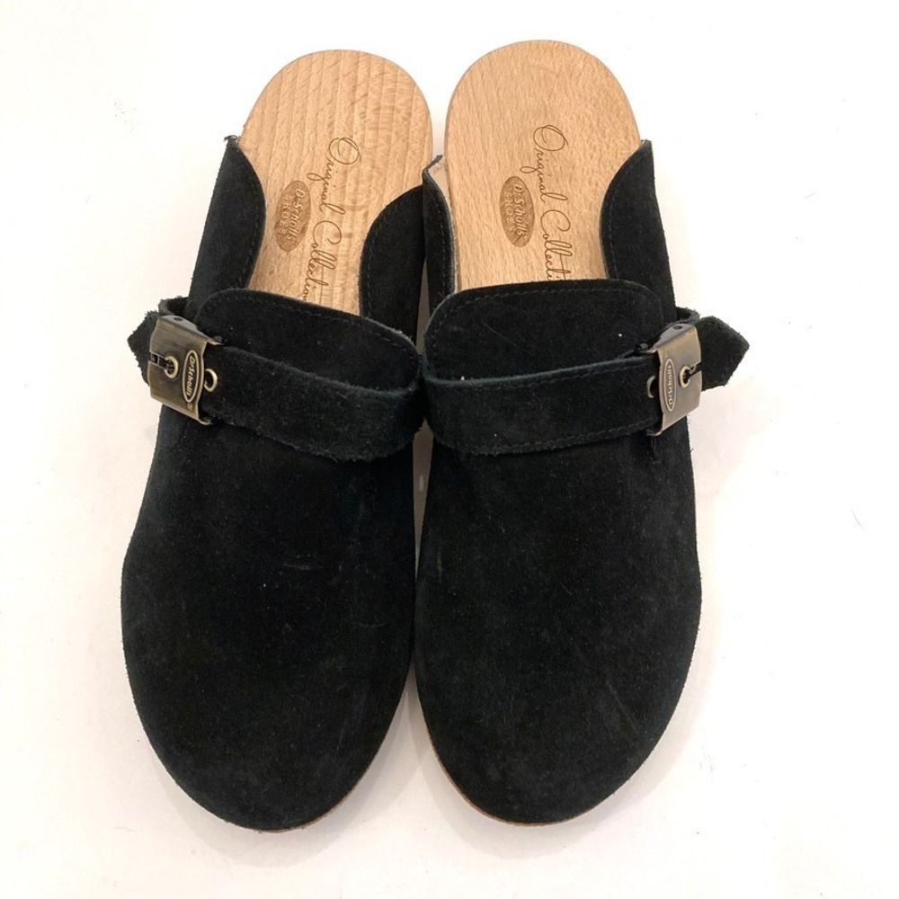 Dr Scholl's Black Suede‎ Leather Wood Sole Clogs Slides Mules Womens 8 Italy